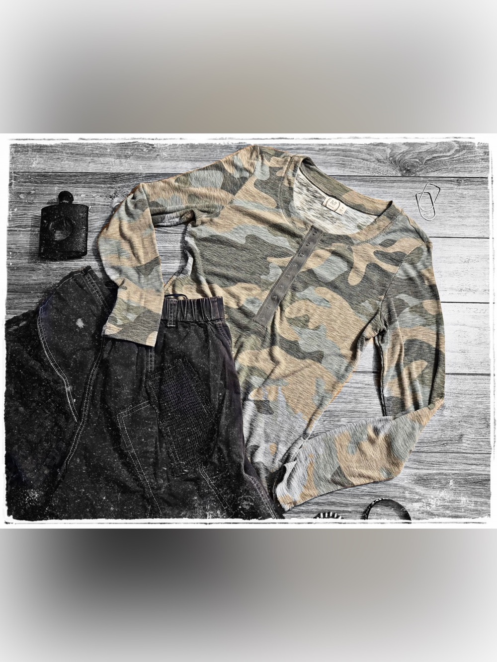 Maurices Camo Henley Long Sleeve Top in Green, Tan, Cream